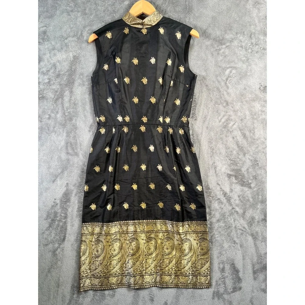 Vintage 60s Cocktail Sheath Dress Size 10 Black Gold Silk Brocade Handmade* - Picture 2 of 12